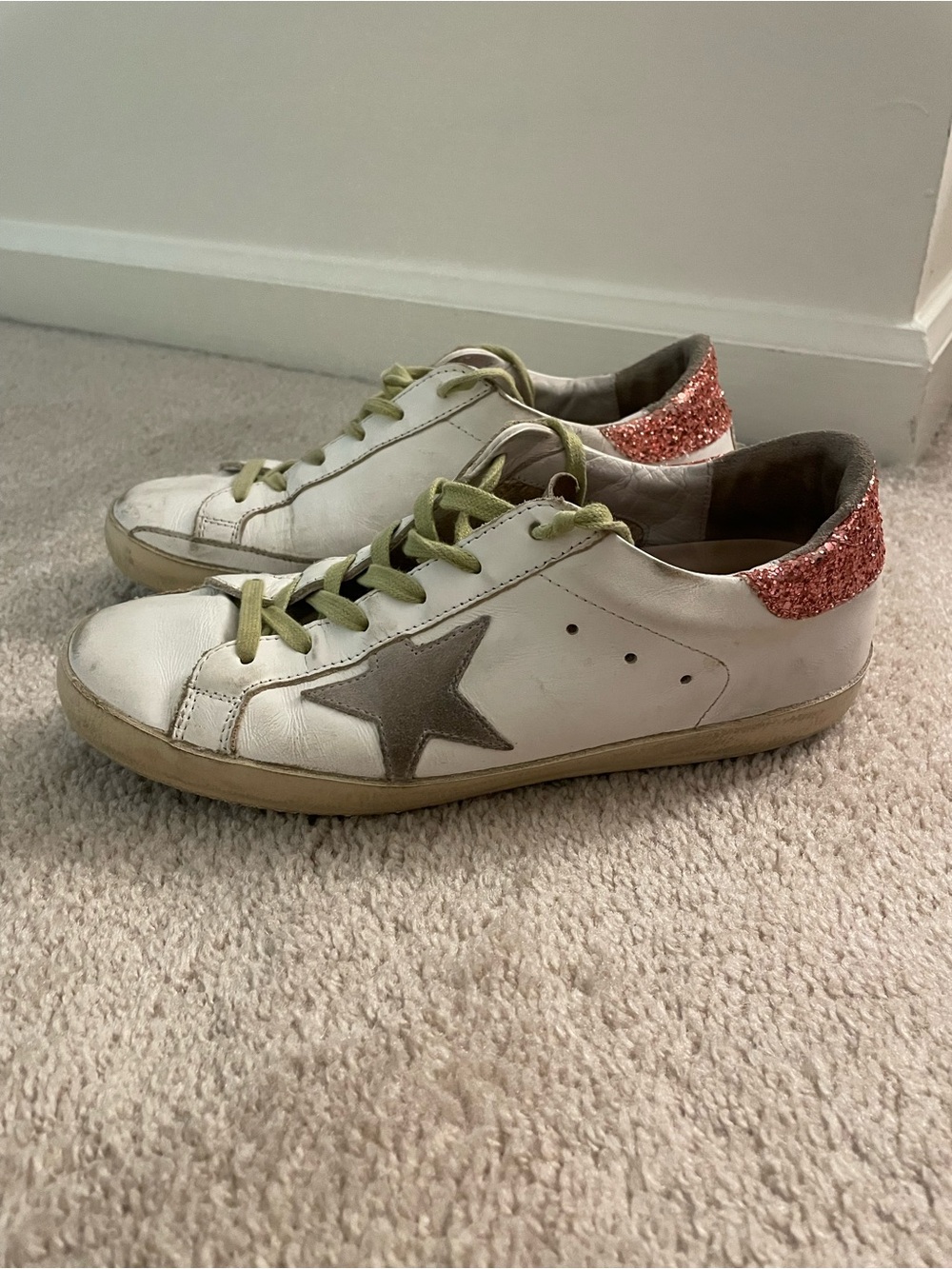 Golden Goose White Sneakers with Pink Glitter Heel and Gray Star